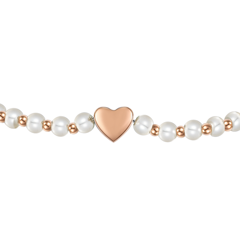 BRACCIALE DONNA IN ACCIAIO IP GOLD E PERLE BIANCHE CON CUORE IP ROSE