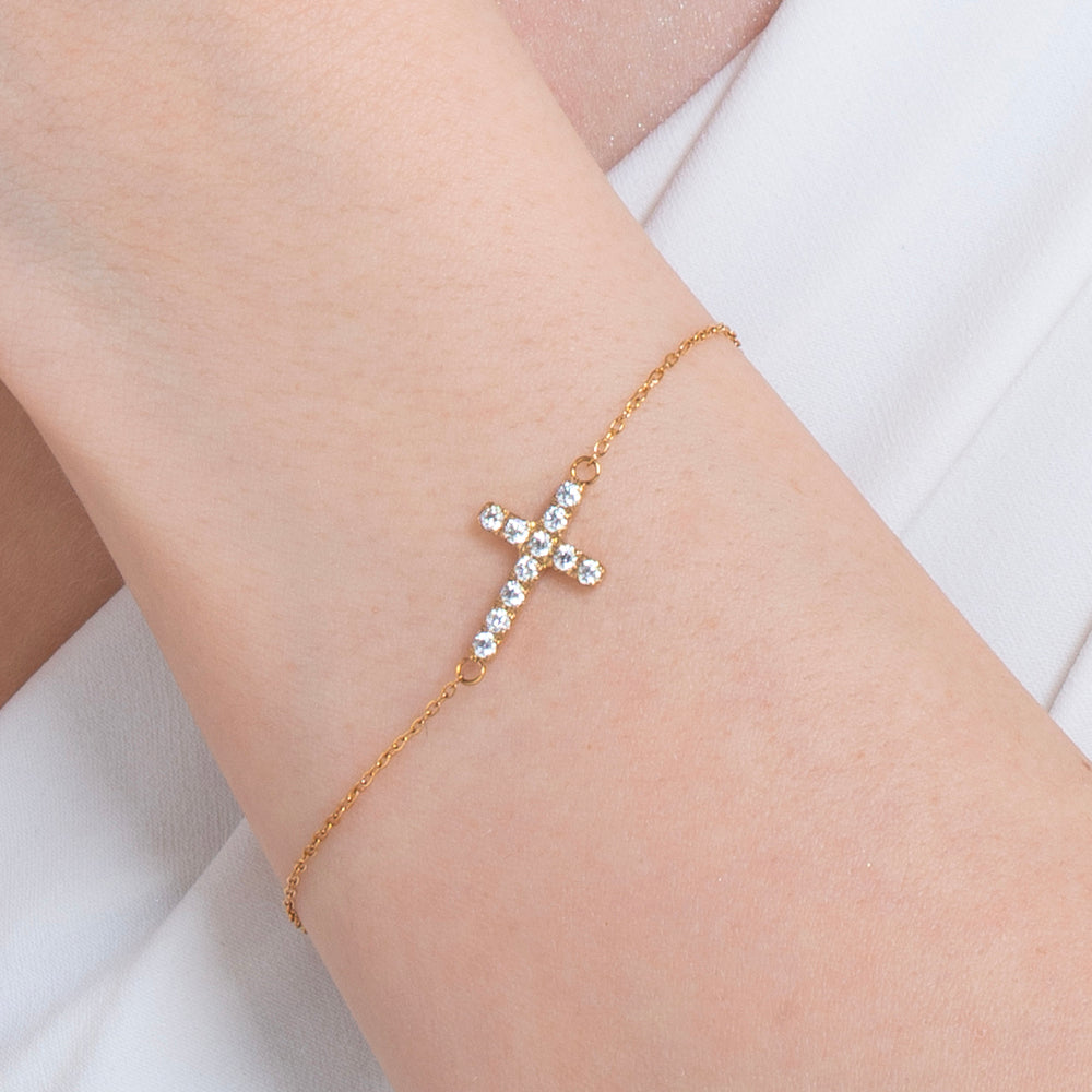 BRACCIALE DONNA IN ACCIAIO E IP GOLD CON CROCE E ZIRCONI BIANCHI