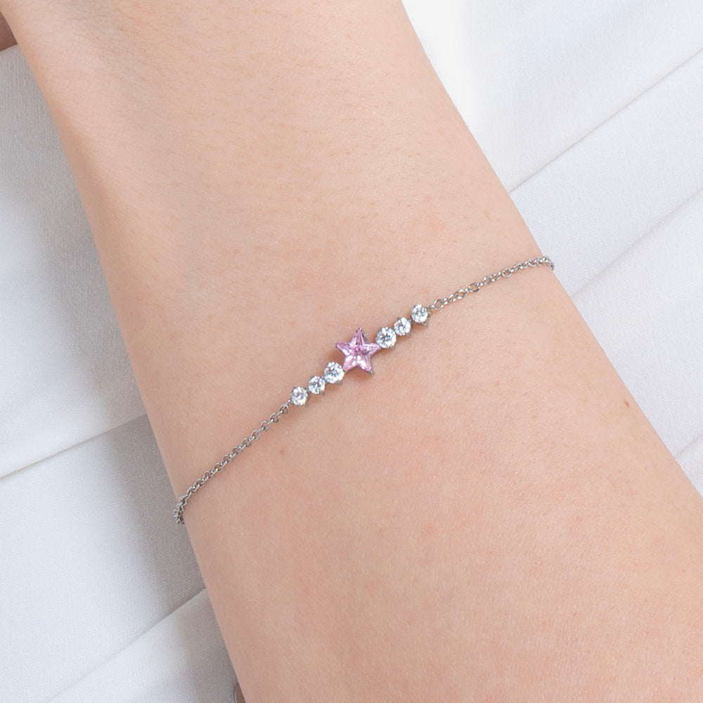 BRACCIALE DONNA IN ACCIAIO CON STELLA ROSA E CRISTALLI BIANCHI