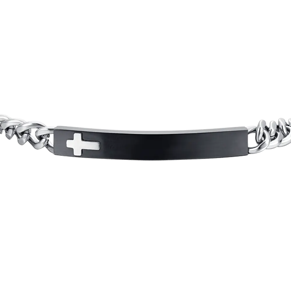 BRACCIALE UOMO IN ACCIAIO PIASTRA IP BLACK CON CROCE Luca Barra