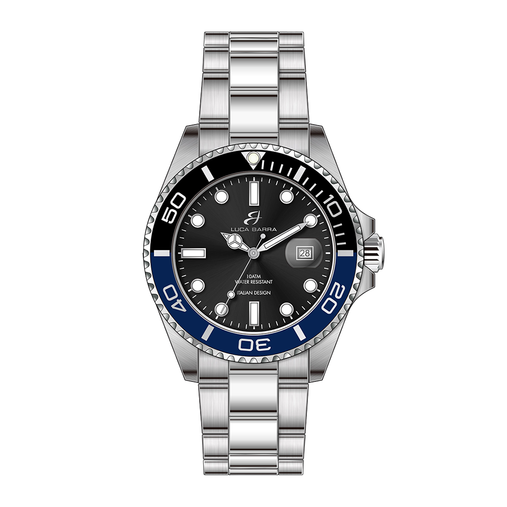 MEN'S WATCH WITH STEEL CASE BLACK DIAL BLACK AND BLUE BEZEL