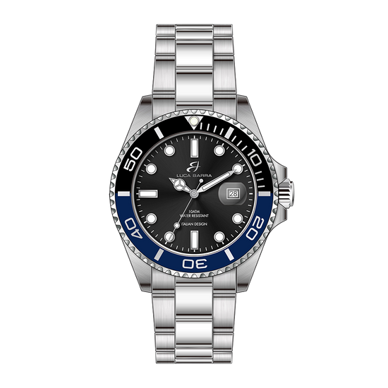 MEN'S WATCH WITH STEEL CASE BLACK DIAL BLACK AND BLUE BEZEL