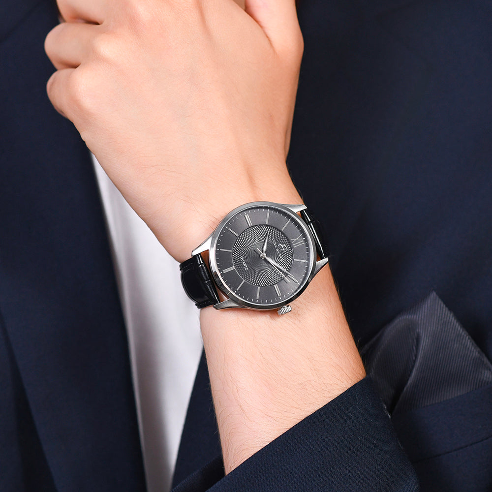 MEN'S WATCH IN STEEL BLACK LEATHER STRAP Luca Barra