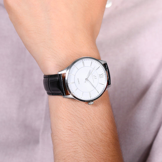 MEN'S WATCH IN STEEL WITH BLACK LEATHER STRAP AND WHITE DIAL