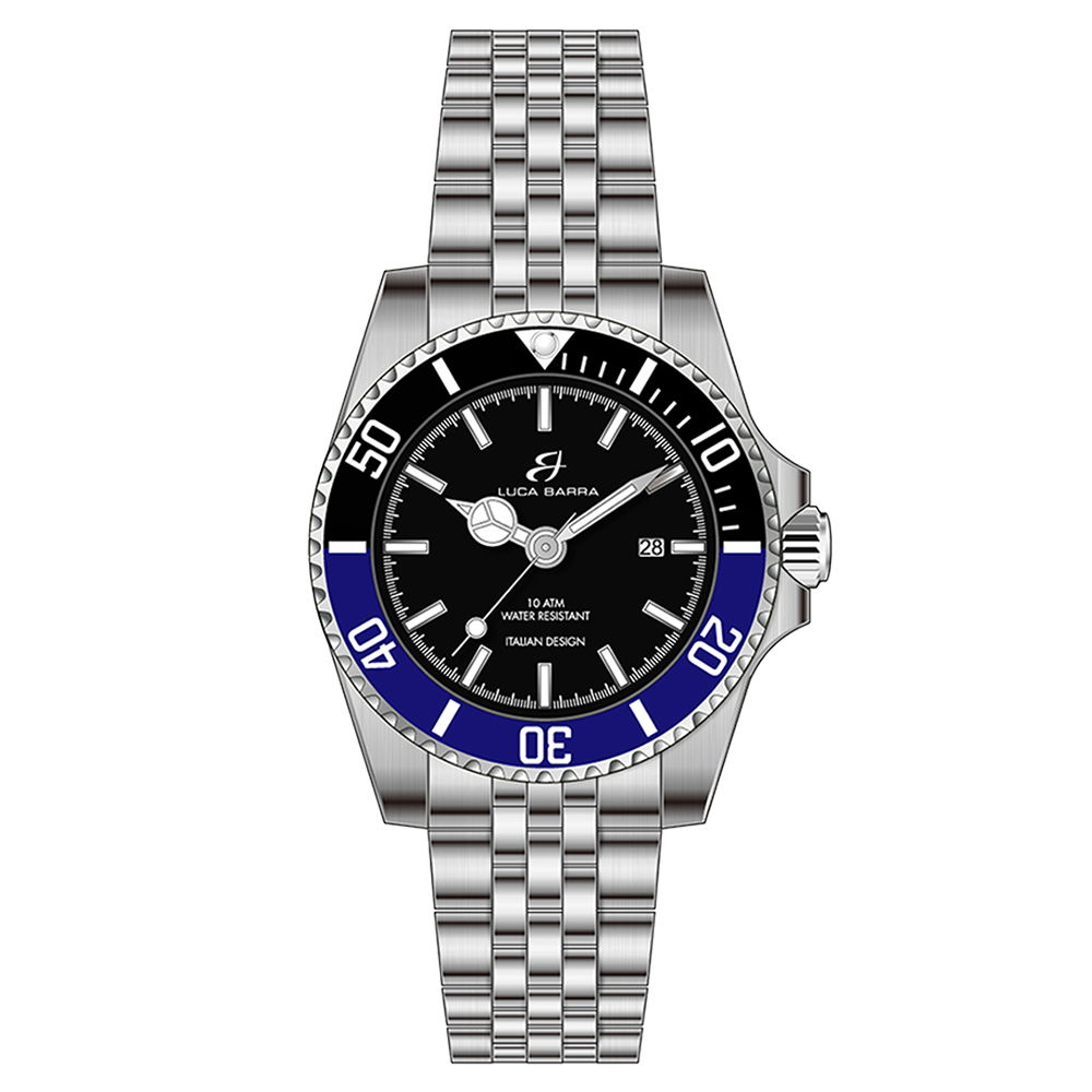 STEEL CASE WATCH BLACK DIAL BLACK AND BLUE BEZEL