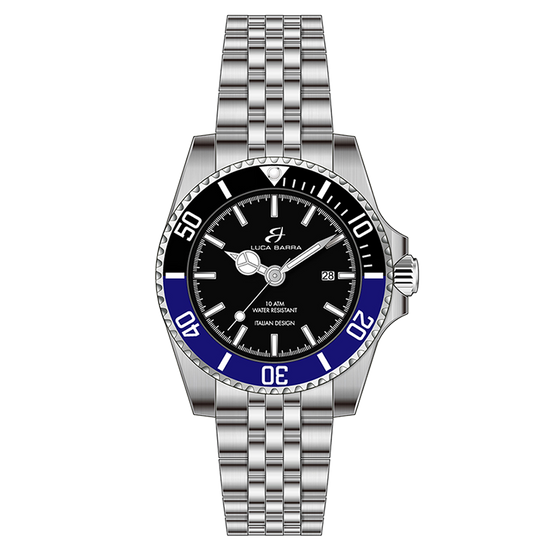 STEEL CASE WATCH BLACK DIAL BLACK AND BLUE BEZEL