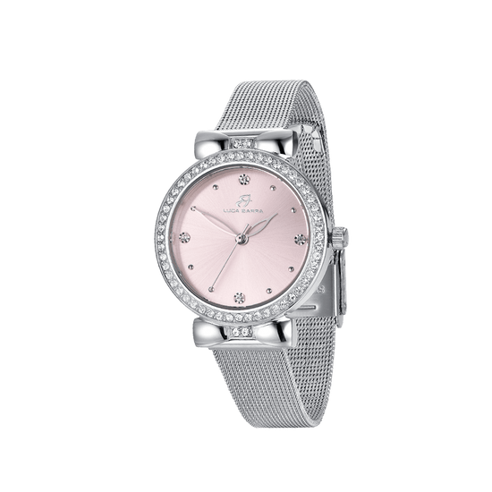 WOMEN'S WATCH WITH STEEL CASE PINK DIAL BEZEL WITH WHITE CRYSTALS