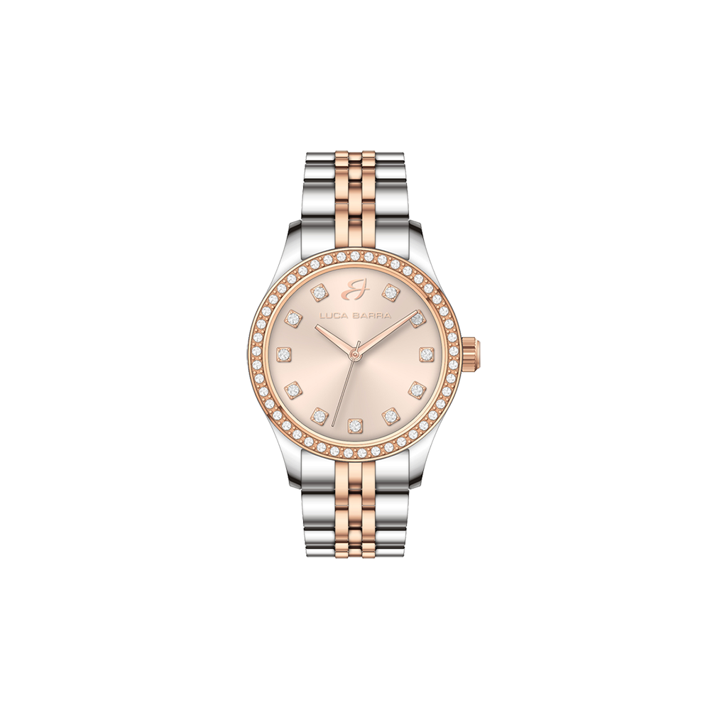 WOMEN'S STEEL WATCH WITH IP ROSE DIAL AND WHITE CRYSTAL BEZEL