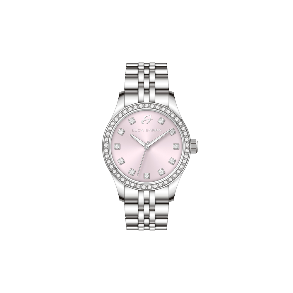 WOMEN'S STEEL WATCH WITH PINK DIAL AND WHITE CRYSTAL BEZEL