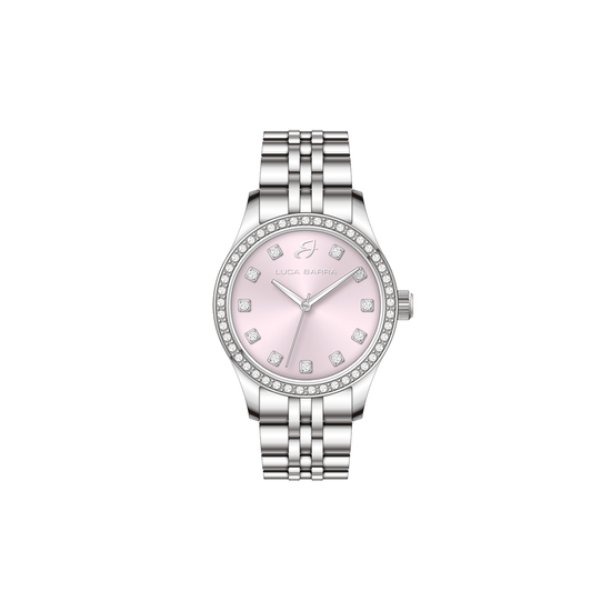 WOMEN'S STEEL WATCH WITH PINK DIAL AND WHITE CRYSTAL BEZEL