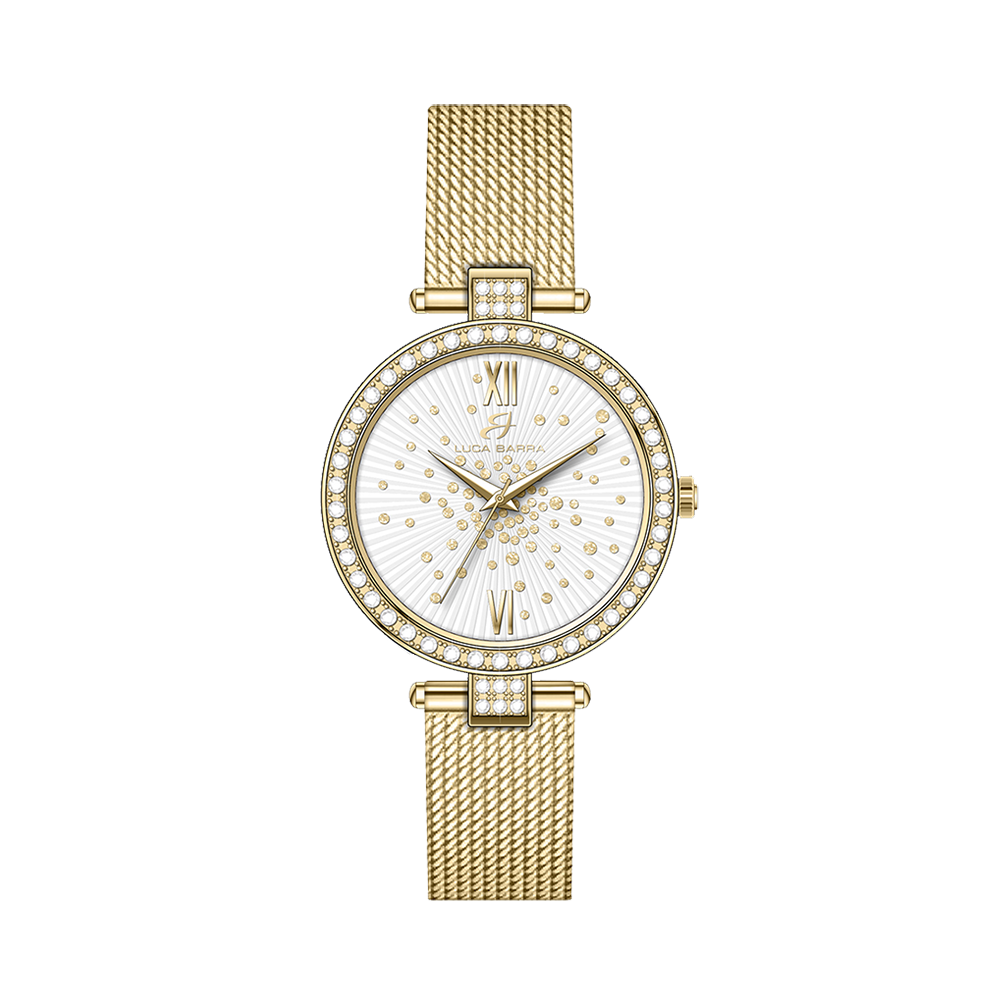 WOMEN'S IP GOLD STEEL WATCH WHITE DIAL BEZEL WITH WHITE CRYSTALS