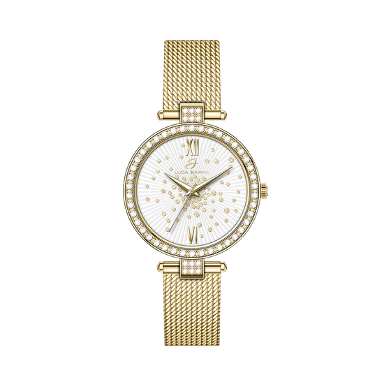 WOMEN'S IP GOLD STEEL WATCH WHITE DIAL BEZEL WITH WHITE CRYSTALS