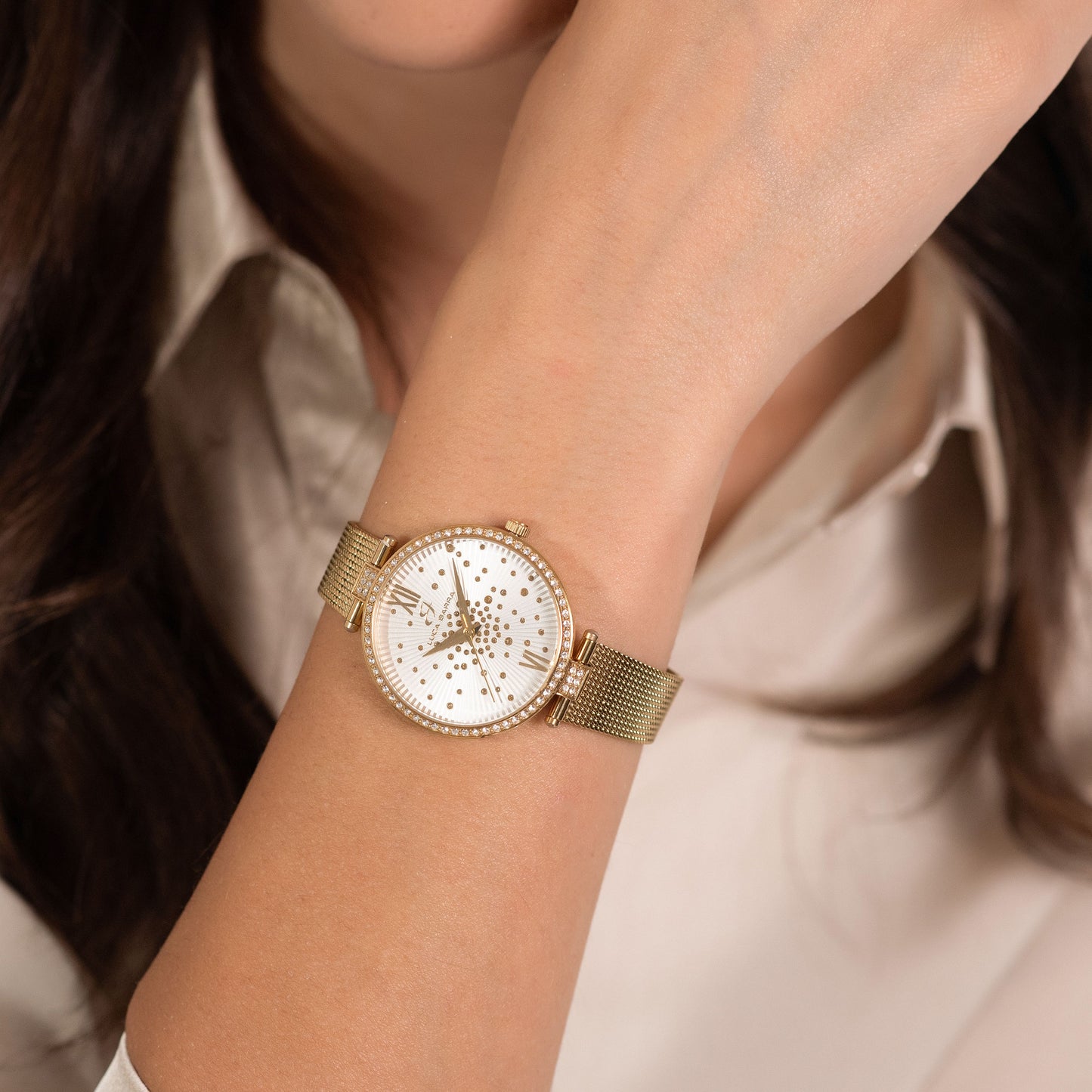 WOMEN'S IP GOLD STEEL WATCH WHITE DIAL BEZEL WITH WHITE CRYSTALS