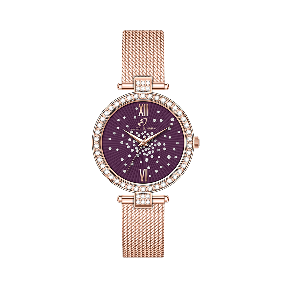 WOMEN'S IP ROSE STEEL WATCH PURPLE DIAL BEZEL WITH WHITE CRYSTALS