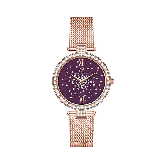 WOMEN'S IP ROSE STEEL WATCH PURPLE DIAL BEZEL WITH WHITE CRYSTALS