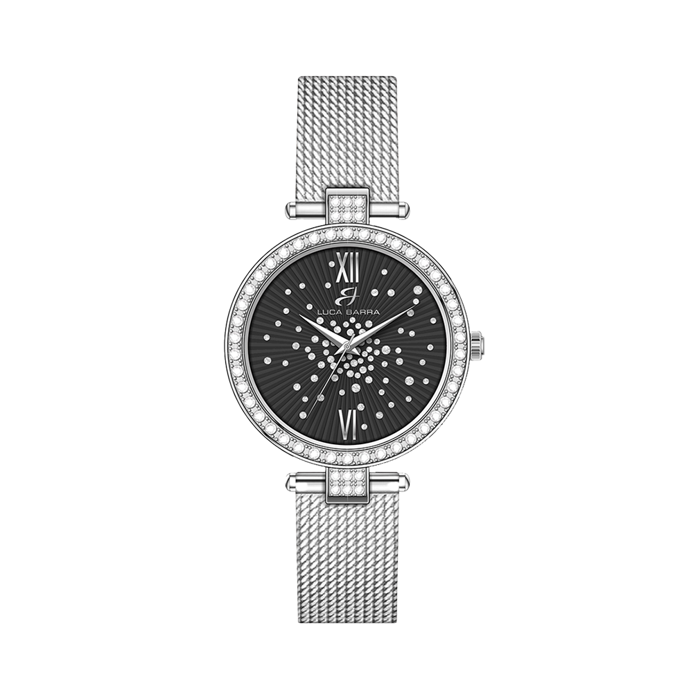 WOMEN'S STEEL WATCH BLACK DIAL BEZEL WITH WHITE CRYSTALS