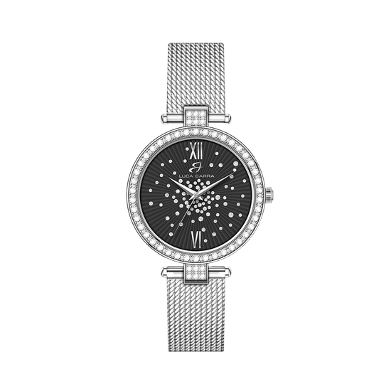 WOMEN'S STEEL WATCH BLACK DIAL BEZEL WITH WHITE CRYSTALS