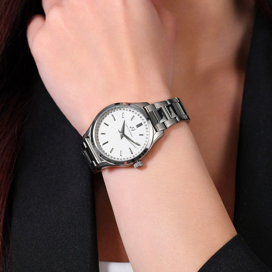 WOMEN'S STEEL WATCH WHITE CRYSTAL BEZEL