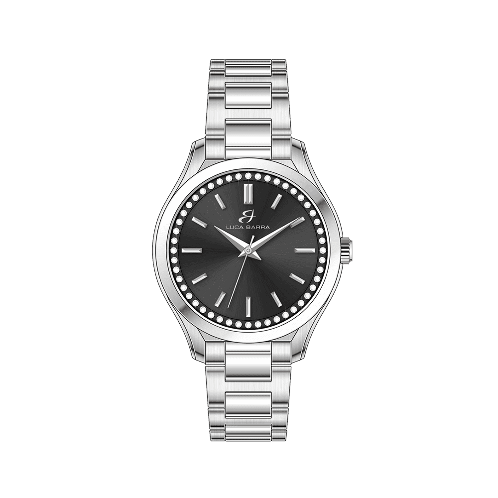 WOMEN'S STEEL WATCH BLACK BEZEL AND WHITE CRYSTALS