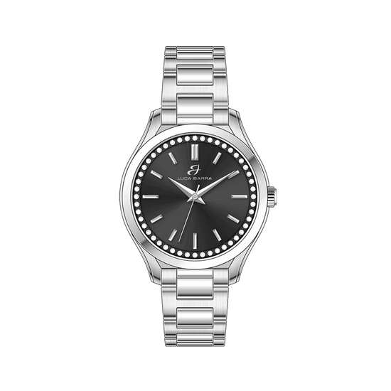 WOMEN'S STEEL WATCH BLACK BEZEL AND WHITE CRYSTALS