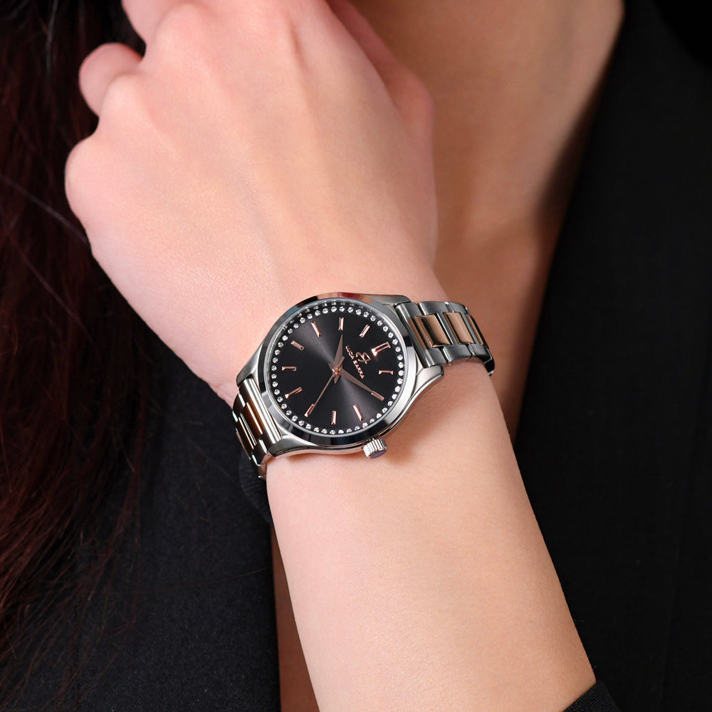 WOMEN'S STEEL BLACK BEZEL AND IP GOLD WATCH