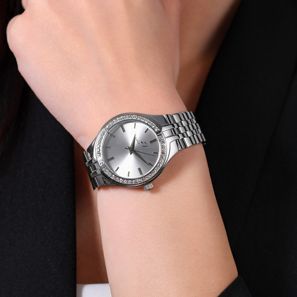 WOMEN'S STEEL WATCH WHITE CRYSTAL BEZEL