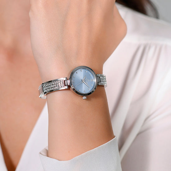 WOMEN'S STEEL CRYSTALS AND LIGHT BLUE DIAL WATCH