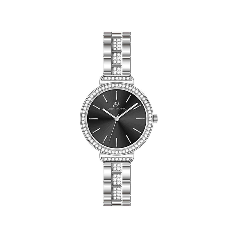 WOMEN'S STEEL CRYSTAL WATCH BLACK BEZEL AND DIAL