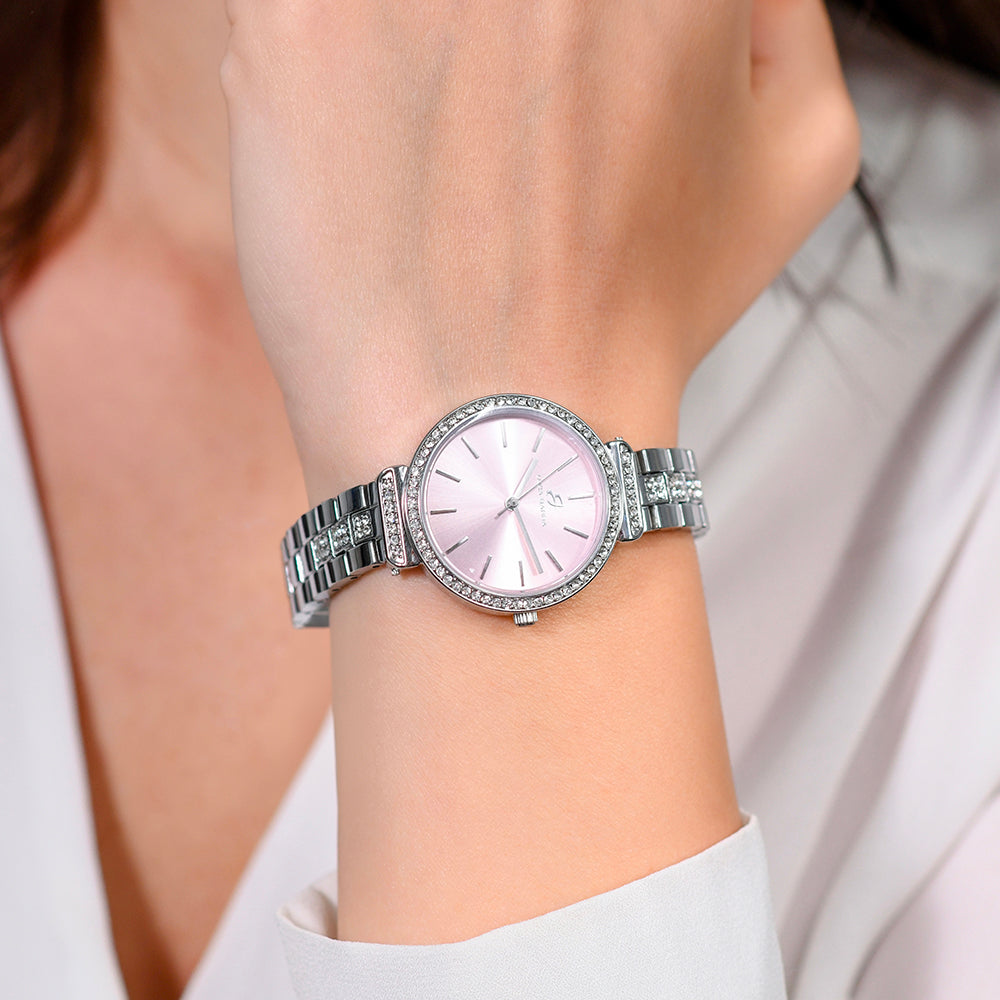 WOMEN'S STEEL CRYSTAL WATCH PINK BEZEL AND DIAL