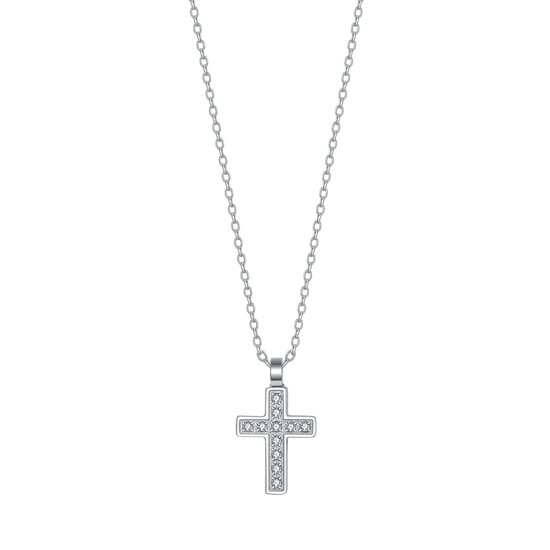 STEEL MEN'S NECKLACE WITH CROSS AND WHITE CRYSTALS