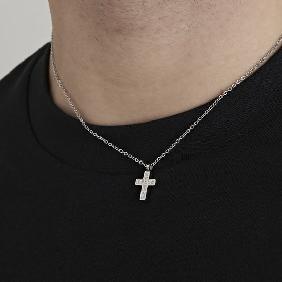 STEEL MEN'S NECKLACE WITH CROSS AND WHITE CRYSTALS