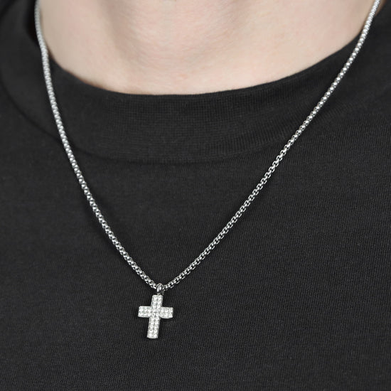 STEEL MEN'S CROSS NECKLACE WITH WHITE CRYSTALS