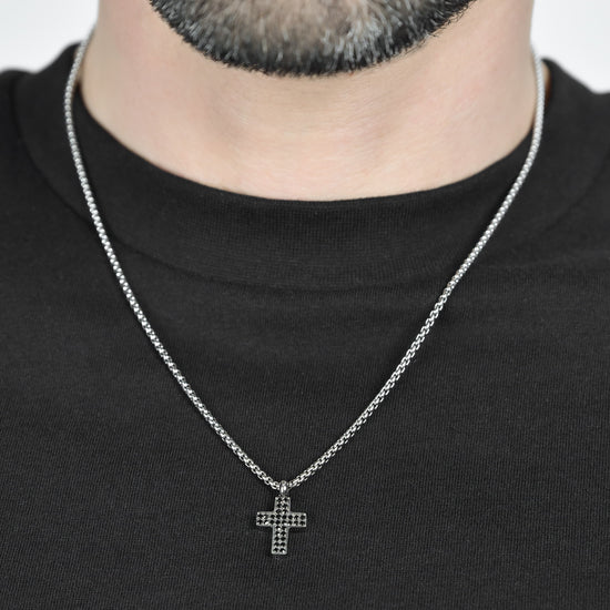 STEEL MEN'S CROSS NECKLACE WITH BLACK CRYSTALS