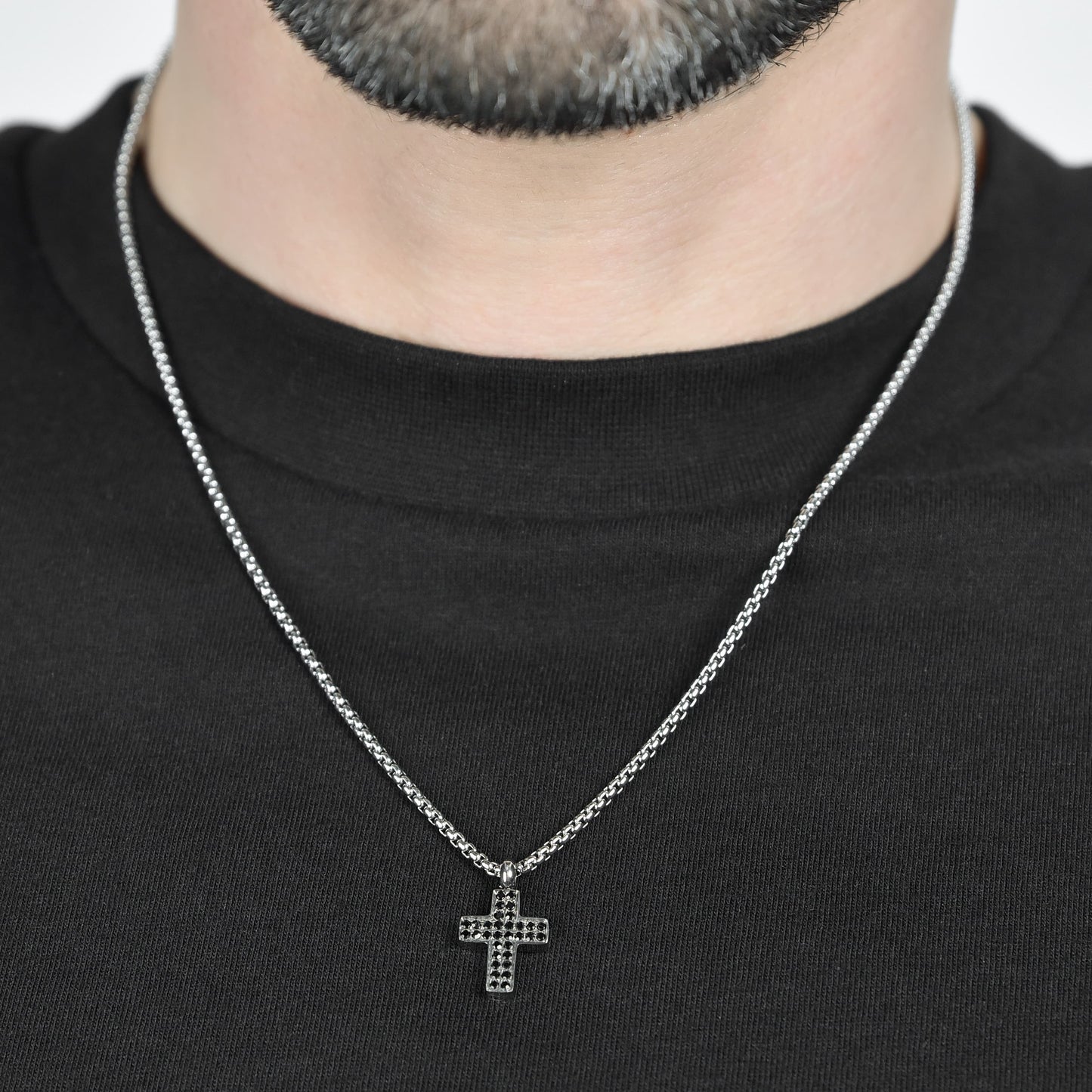 STEEL MEN'S CROSS NECKLACE WITH BLACK CRYSTALS