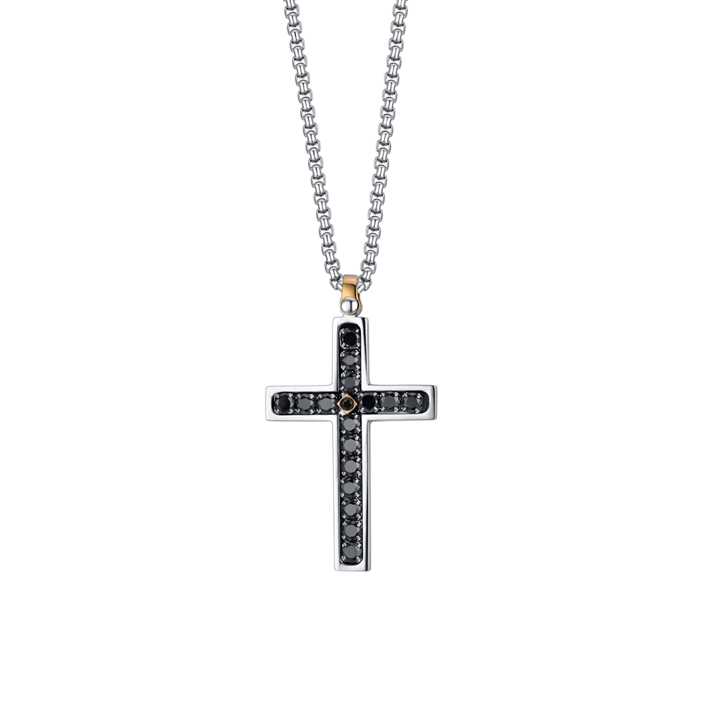 MEN'S STEEL CROSS NECKLACE WITH BLACK CRYSTALS