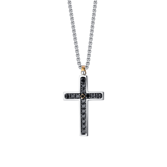 MEN'S STEEL CROSS NECKLACE WITH BLACK CRYSTALS