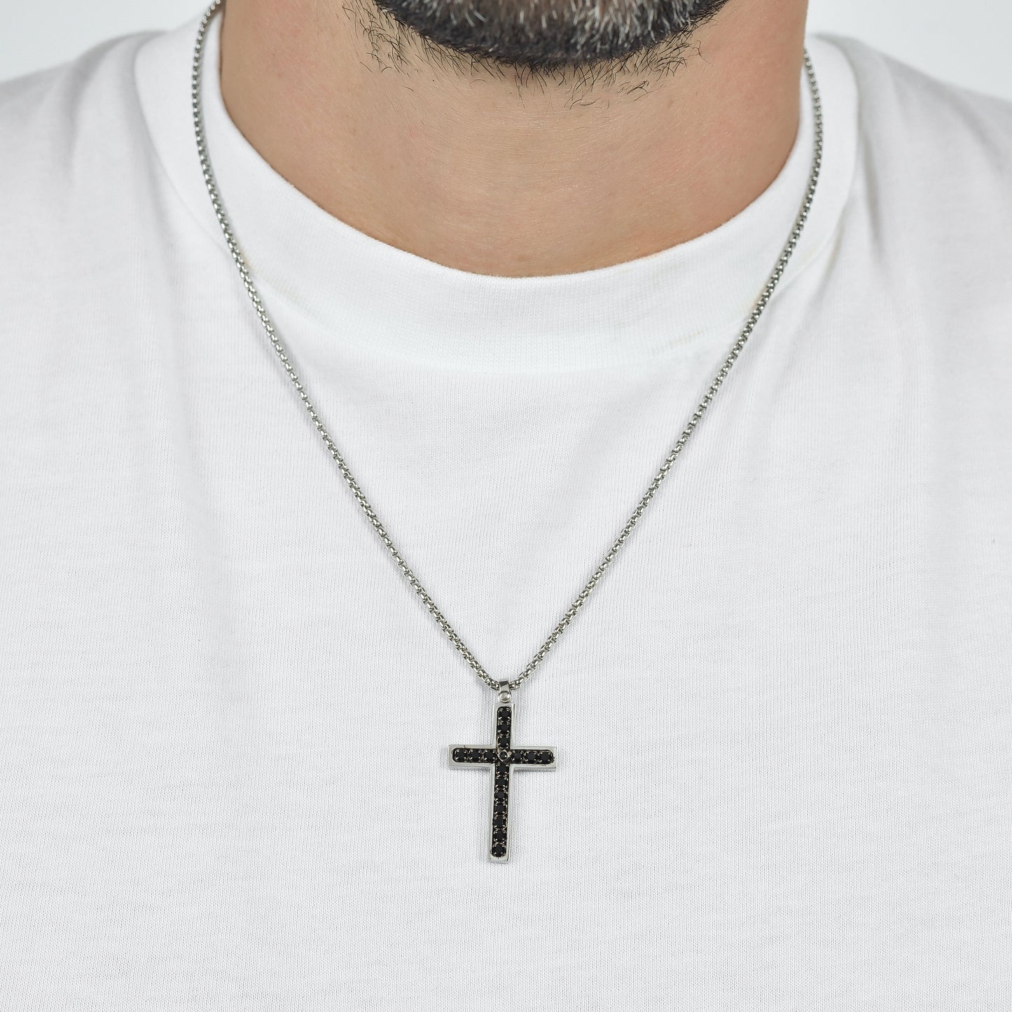 MEN'S STEEL CROSS NECKLACE WITH BLACK CRYSTALS