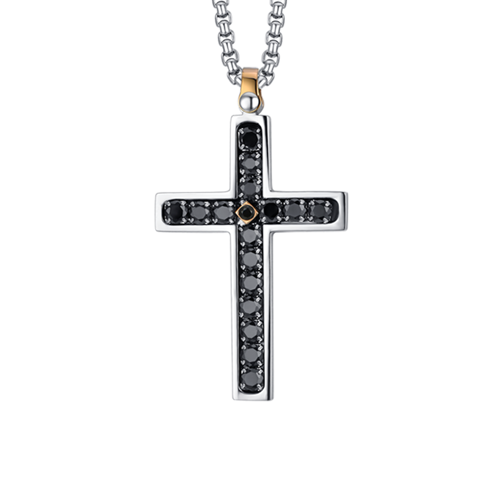 MEN'S STEEL CROSS NECKLACE WITH BLACK CRYSTALS