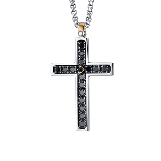 MEN'S STEEL CROSS NECKLACE WITH BLACK CRYSTALS