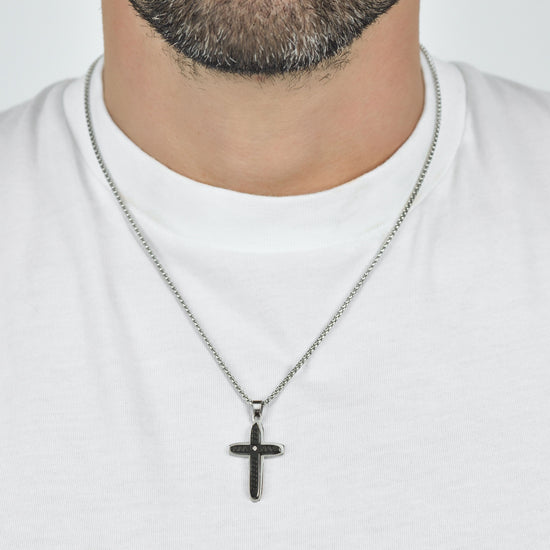 MEN'S STEEL CROSS NECKLACE WITH BLACK IP