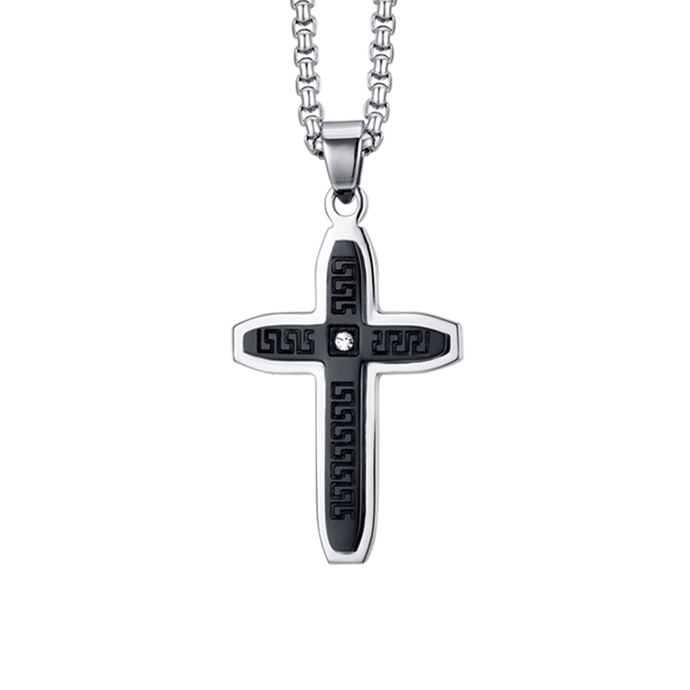 MEN'S STEEL CROSS NECKLACE WITH BLACK IP