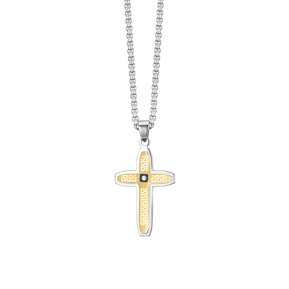 MEN'S STEEL CROSS NECKLACE STEEL AND STEEL IP GOLD