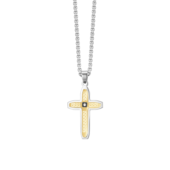 MEN'S STEEL CROSS NECKLACE STEEL AND STEEL IP GOLD