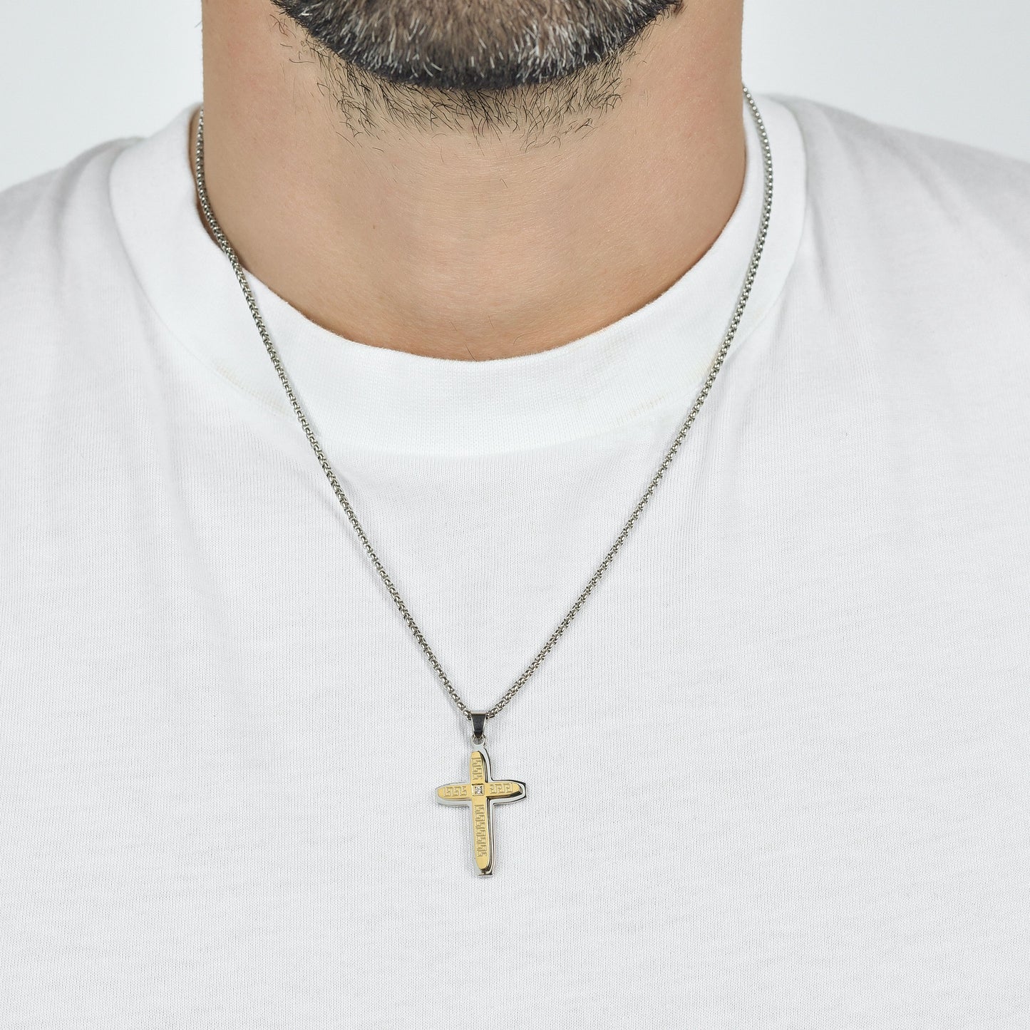 MAN'S NECKLACE IN STEEL CROSS AND STEEL IP GOLD Luca Barra