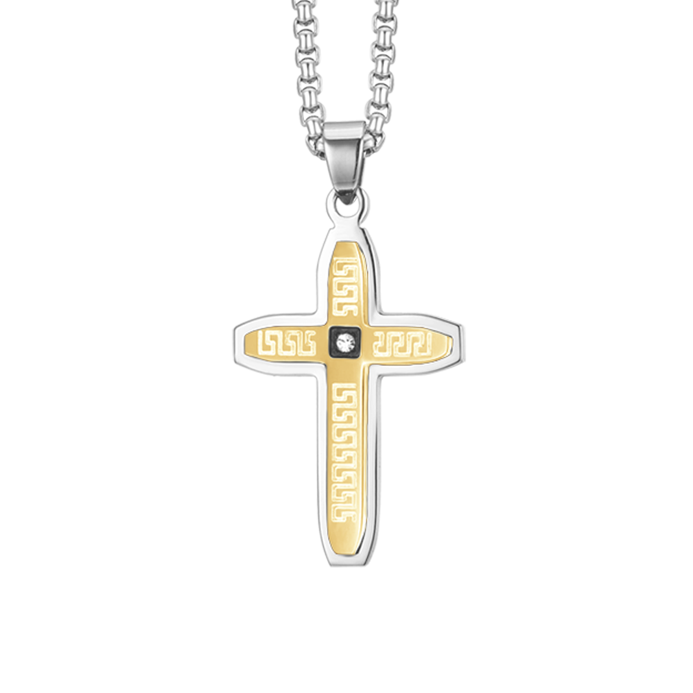 MEN'S STEEL CROSS NECKLACE STEEL AND STEEL IP GOLD