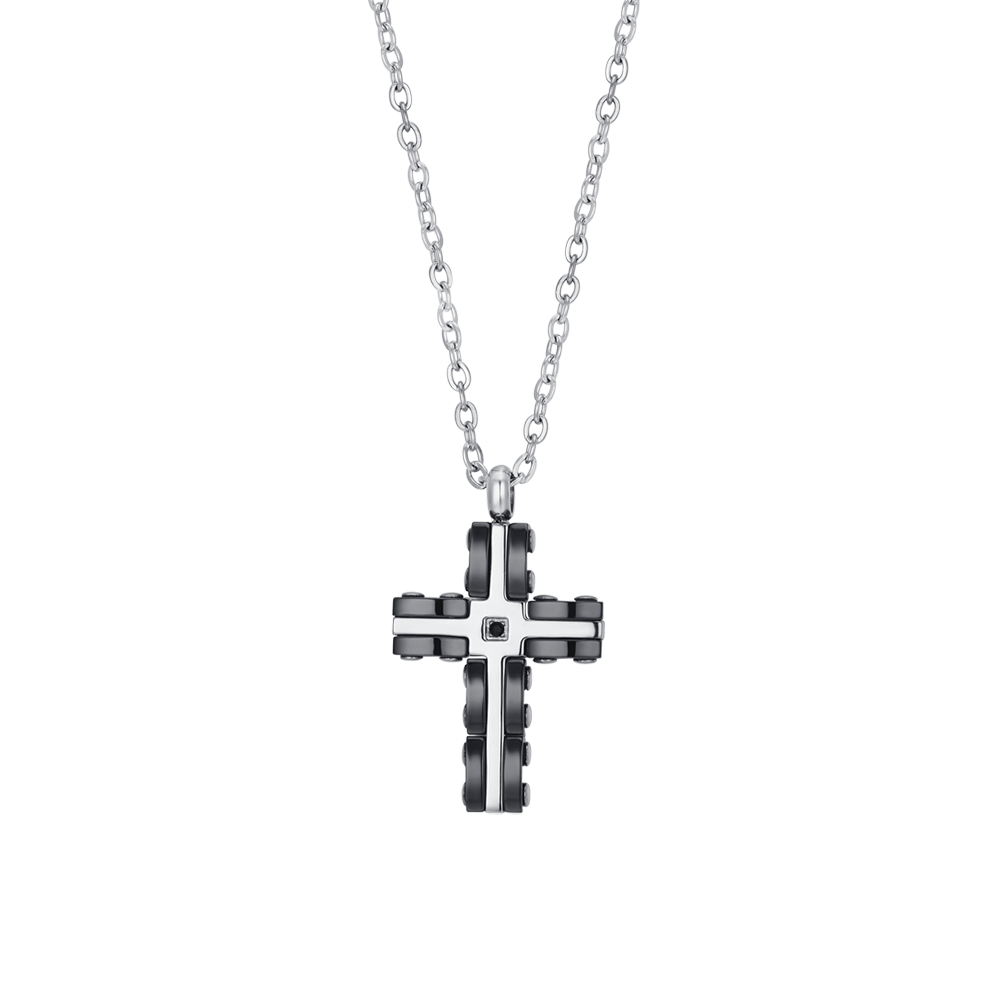 MEN'S STEEL CROSS NECKLACE IN STEEL AND BLACK CERAMIC