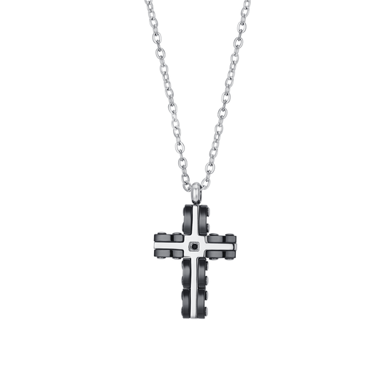 MEN'S STEEL CROSS NECKLACE IN STEEL AND BLACK CERAMIC