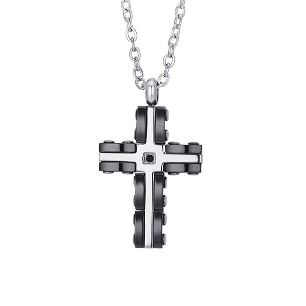 MEN'S STEEL CROSS NECKLACE IN STEEL AND BLACK CERAMIC