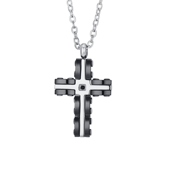 MEN'S STEEL CROSS NECKLACE IN STEEL AND BLACK CERAMIC