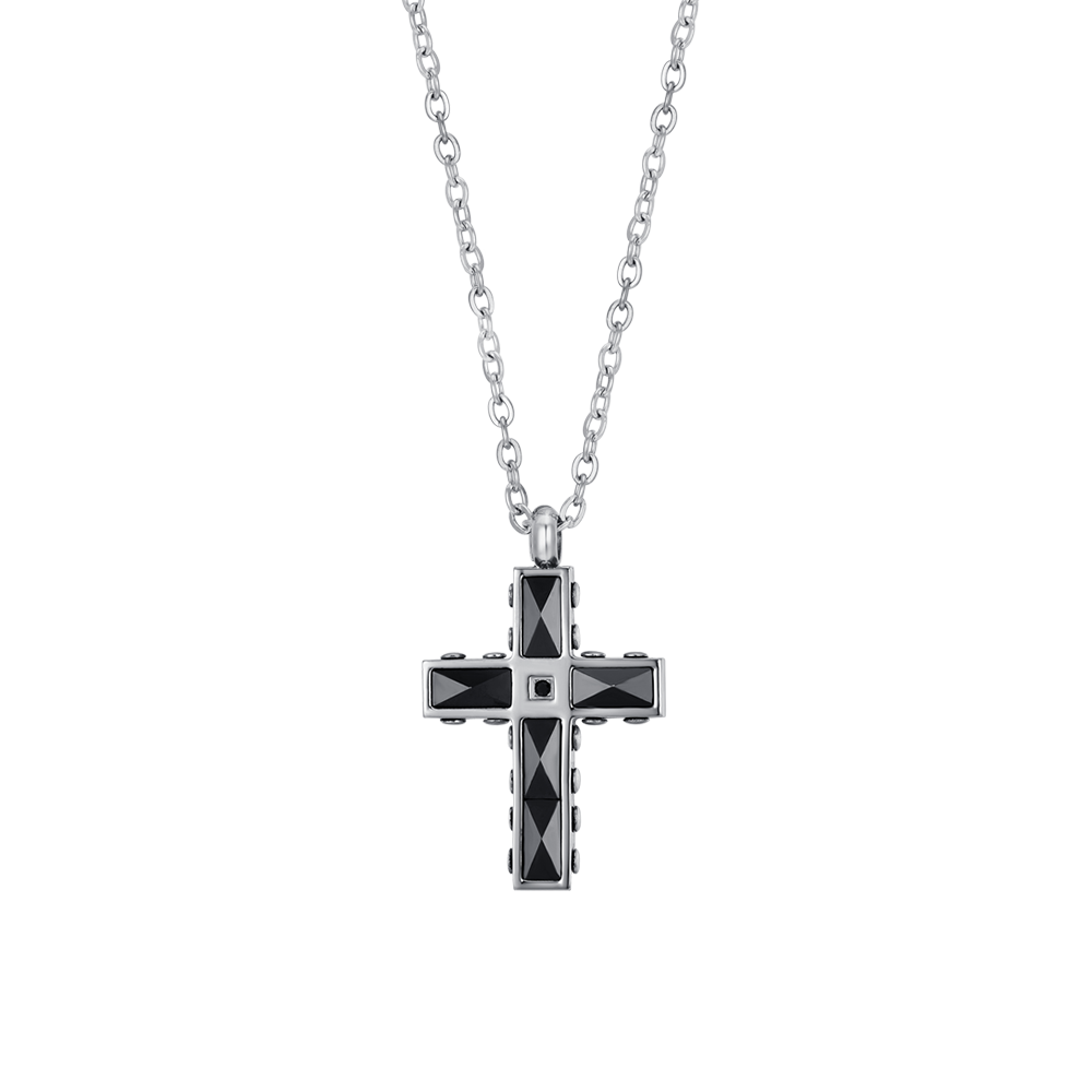 MEN'S STEEL CROSS AND BLACK CERAMIC NECKLACE WITH BLACK CRYSTAL